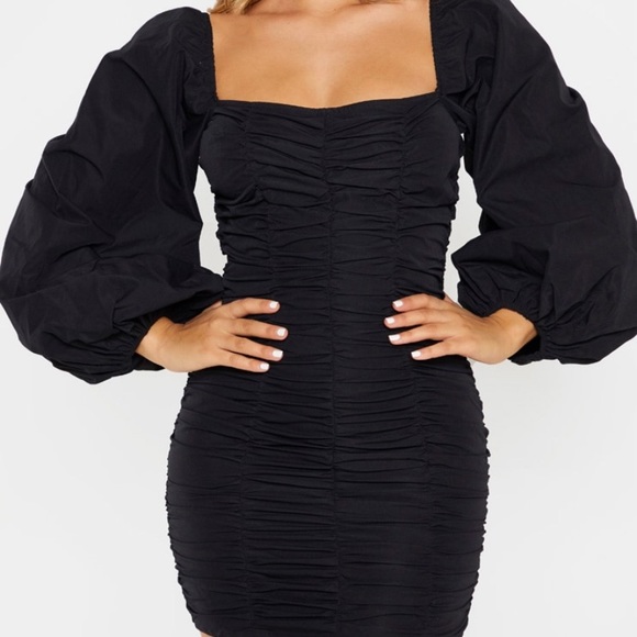 black balloon sleeve ruched bodycon dress PrettyLittleThing | Dresses | Black Balloon Sleeve Ruched Bodycon Dress